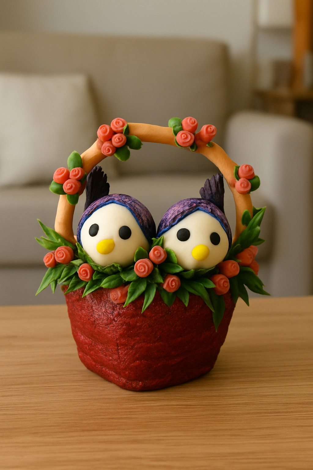 Love Birds in Decorative Basket (Handmade Clay)