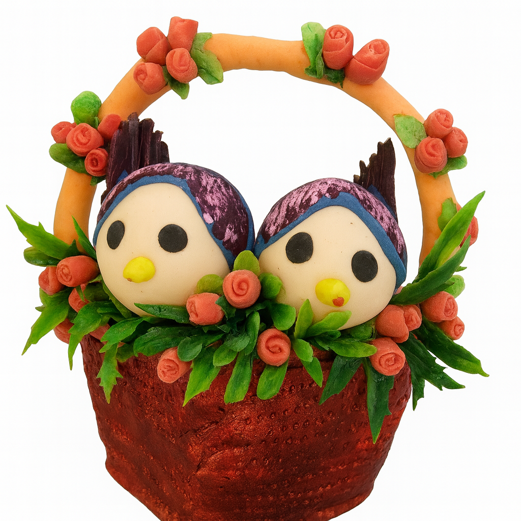 Love Birds in Decorative Basket (Handmade Clay)