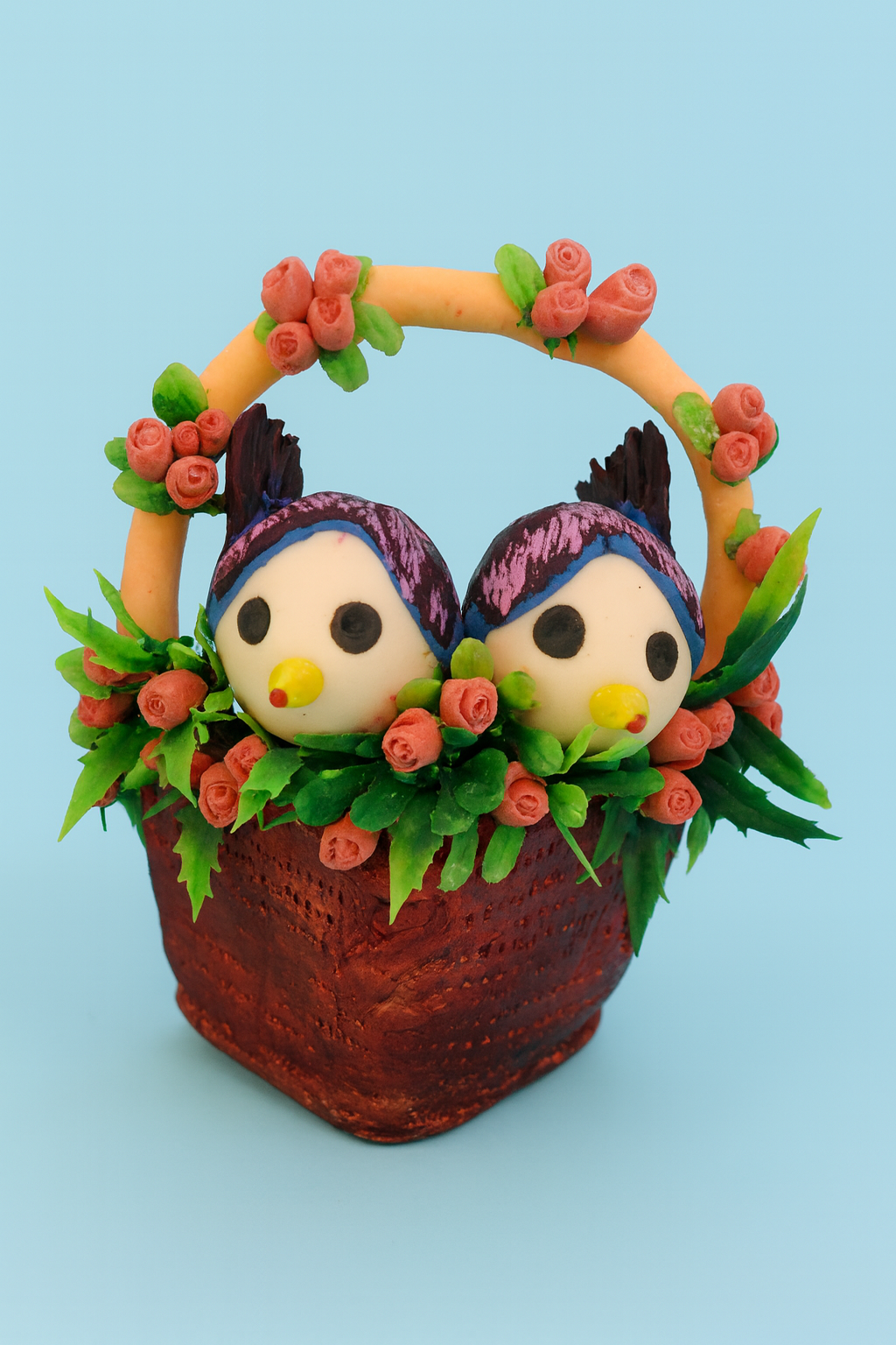 Love Birds in Decorative Basket (Handmade Clay)