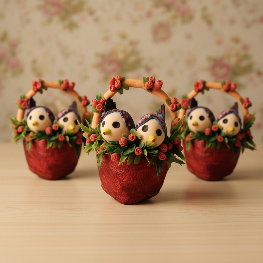 Love Birds in Decorative Basket (Handmade Clay)