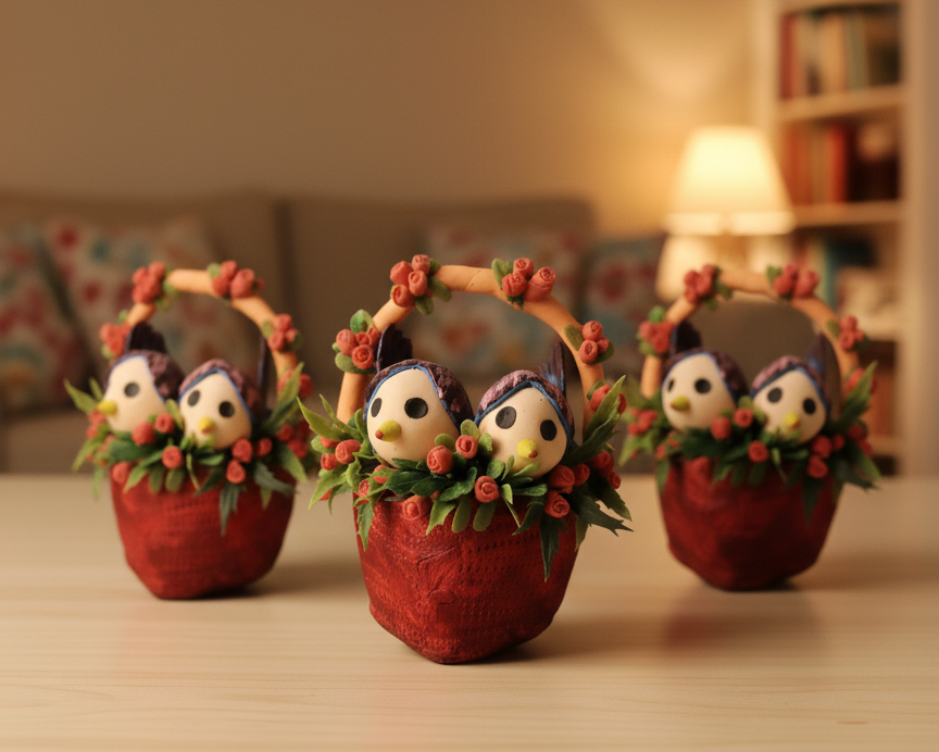 Love Birds in Decorative Basket (Handmade Clay)