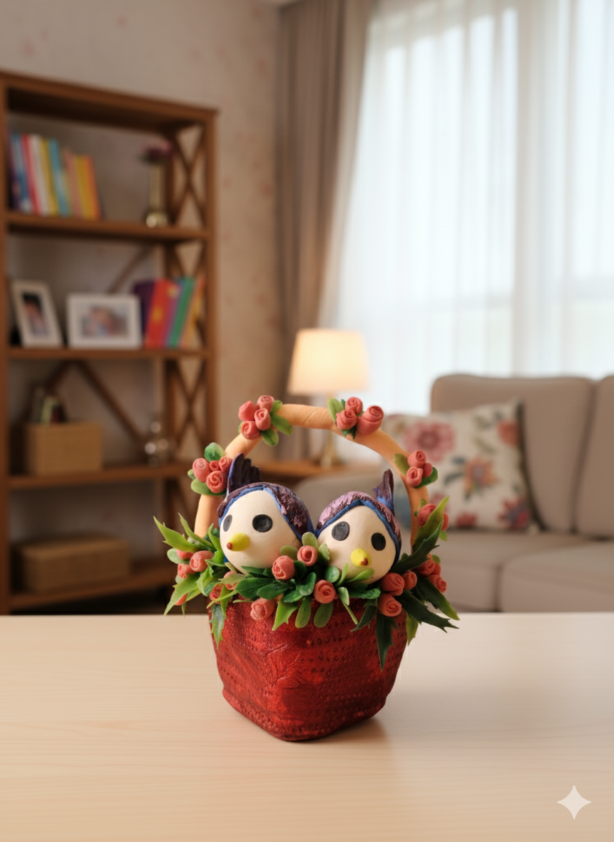 Love Birds in Decorative Basket (Handmade Clay)