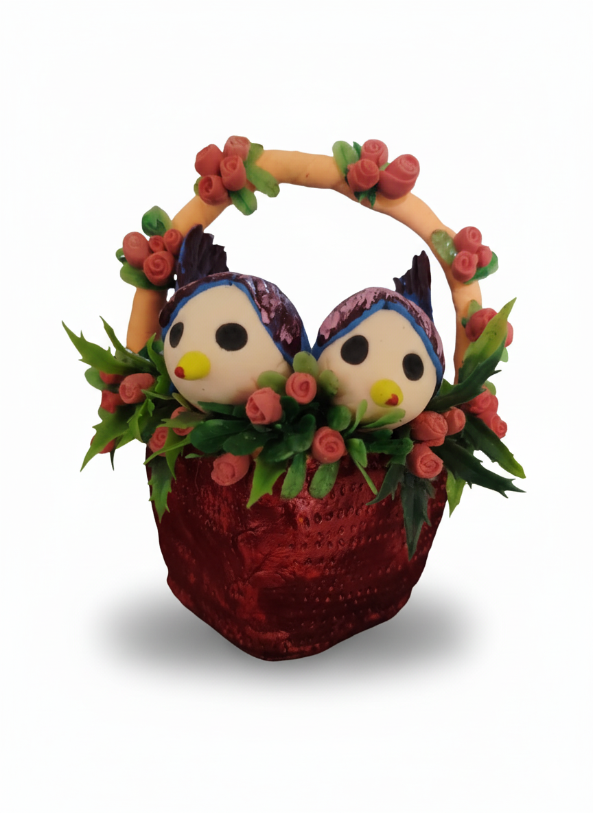 Love Birds in Decorative Basket (Handmade Clay)