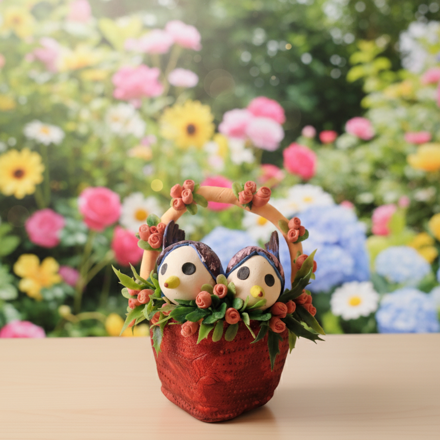 Love Birds in Decorative Basket (Handmade Clay)