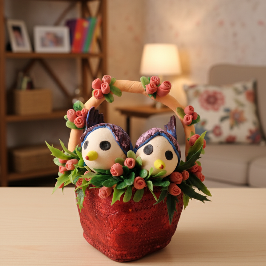 Love Birds in Decorative Basket (Handmade Clay)